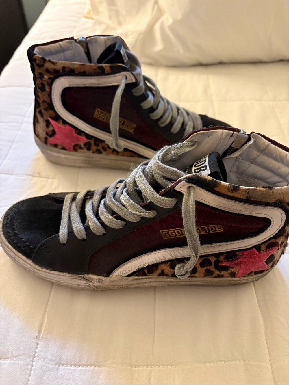 Golden Goose Leopard High-Top Sneakers with Pink Star & Black Toe